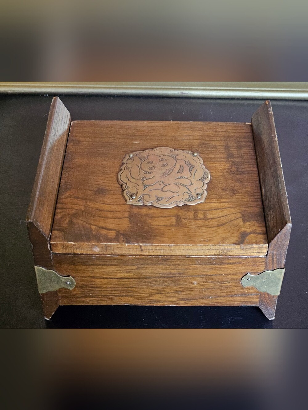 Antique-Style Carved Wood Keepsake Box with Metal Accents - Brown